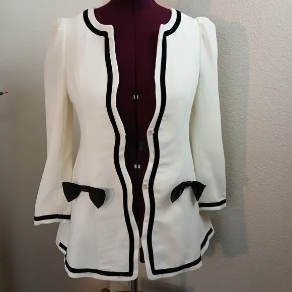 Blingor White Midi Coat with black bows L NOS fitted anime style - Picture 5 of 15
